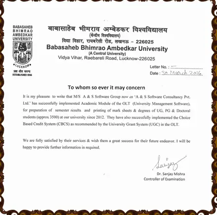 Letter from Babasaheb Bhimrao Ambedkar University, Lucknow, dated 30 March 2016