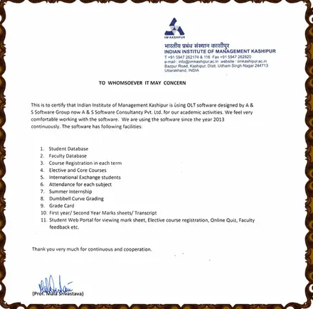 Letter from Indian Institute of Management Kashipur