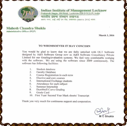 Letter from Indian Institute of Management Lucknow, dated 3 March 2016