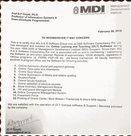 Letter from Management Development Institute, Gurgaon, dated 26 February 2016